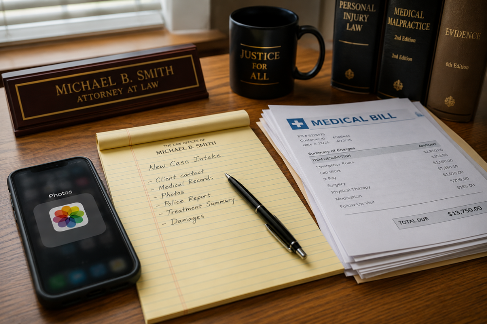 Law office desk with attorney nameplate, legal books, justice mug, smartphone, handwritten case notes, pen, and medical bill paperwork; serious tone.