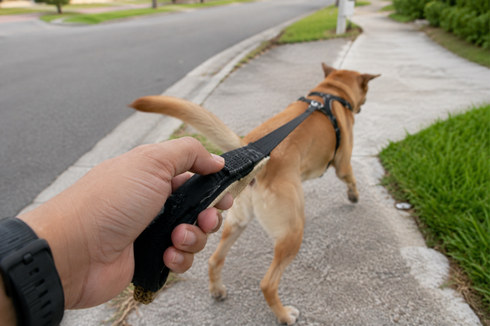 A person holds a black leash attached to a tan dog walking along a suburban sidewalk, conveying an active, casual neighborhood stroll.