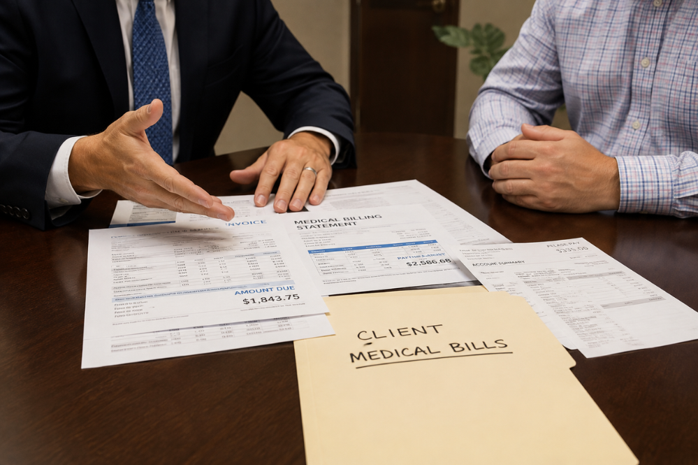 Two men seated at a table, reviewing paperwork and discussing details in a collaborative setting.