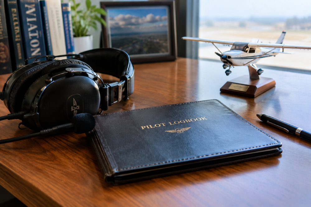 Pilot logbook, aviation headset, pen, and model airplane sit on a wooden desk by a bright window, creating a calm flight-planning scene.