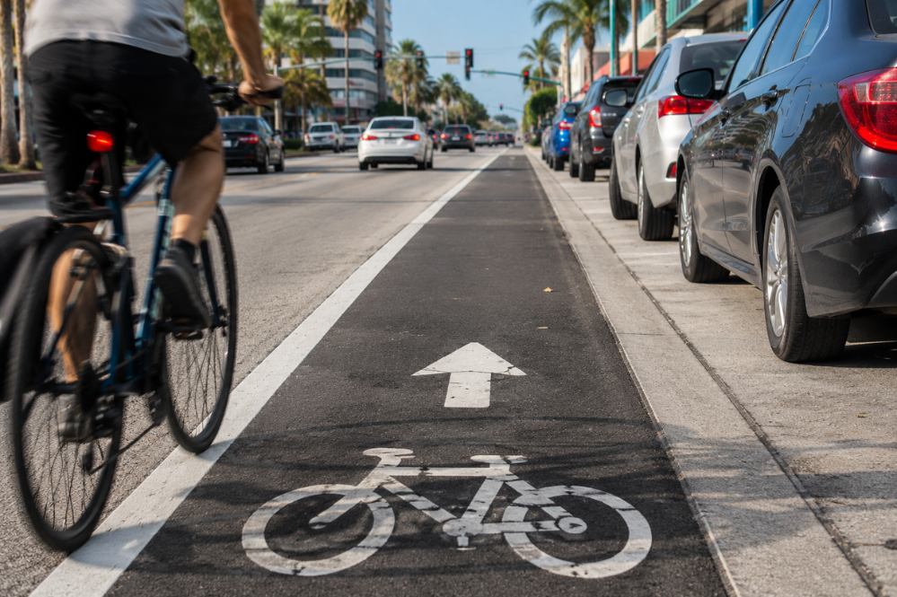 Cyclist rides beside a marked bike lane with white arrow and bicycle symbol, parked cars, palm trees, and sunny city traffic ahead.