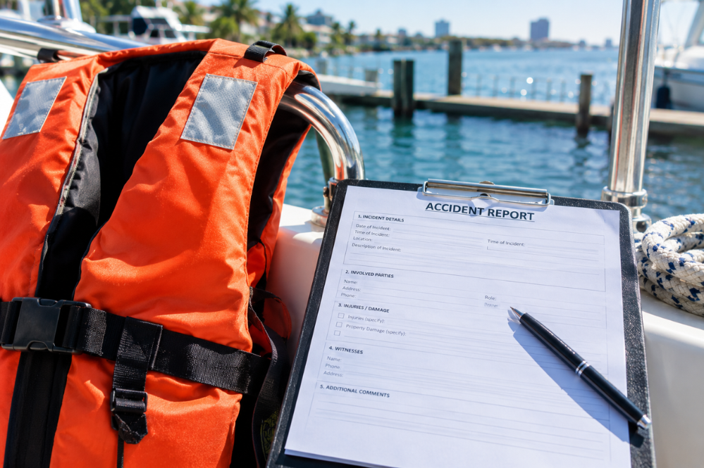 Orange life jacket and accident report form with pen on a boat, set against a sunny marina with blue water, docks, and skyline.