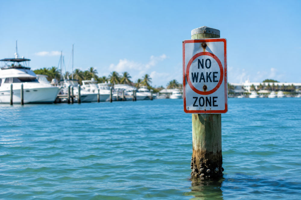 Red-and-white “NO WAKE ZONE” sign on a wooden post in turquoise marina water, with yachts, palm trees, and blue sky behind it.