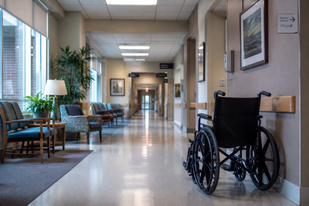 Bright hospital hallway with a wheelchair beside framed art and visitor seating, plants, windows, and directional signs; clean, welcoming mood.