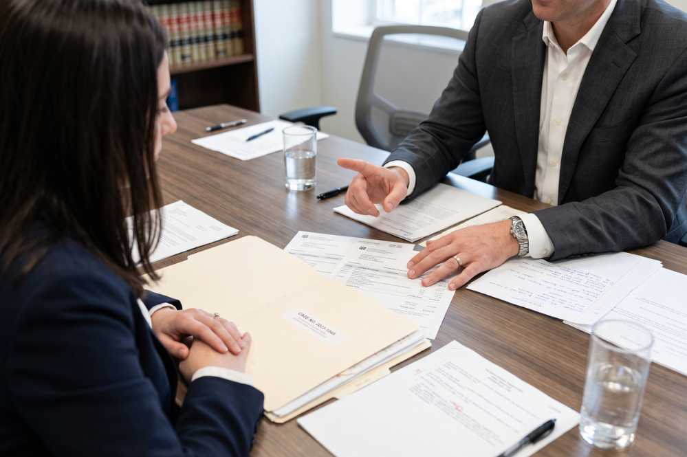 Business meeting: a suited professional points to paperwork while a woman reviews documents, conveying a focused legal or financial consultation.