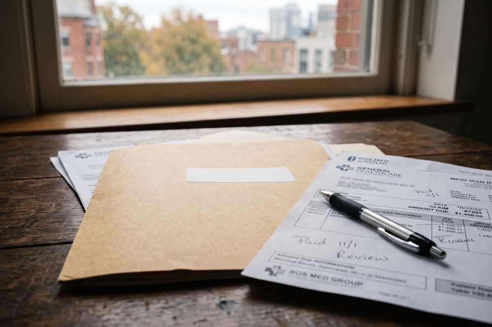 Kraft envelope, pen, and business paperwork sit on a rustic desk by a window overlooking city buildings, creating a quiet, professional mood.