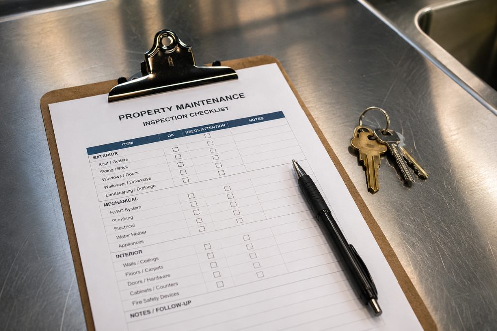 Property maintenance inspection checklist on a clipboard with pen and keys on a stainless-steel counter, conveying an organized, professional tone.