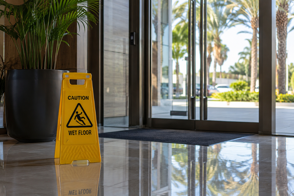 Wet floor warning sign inside a Delray Beach commercial property