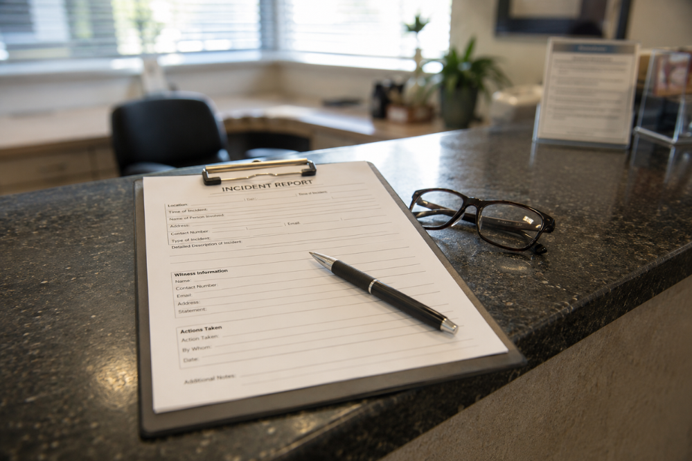 Clipboard with an incident report, pen, and glasses on a reception counter; bright office background creates a calm, professional tone.