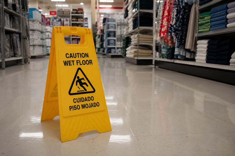 Yellow bilingual “Caution Wet Floor” sign with slipping figure stands in a polished store aisle, conveying a clear safety warning.