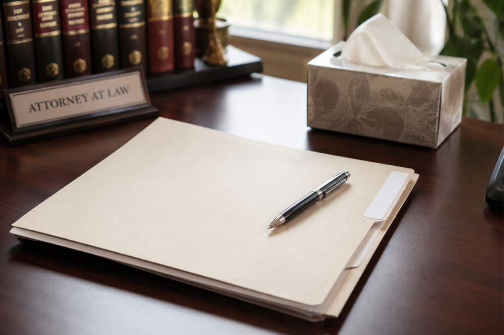 Blank legal notepad and pen on a polished desk beside law books, an “Attorney at Law” plaque, and tissue box in a calm office.