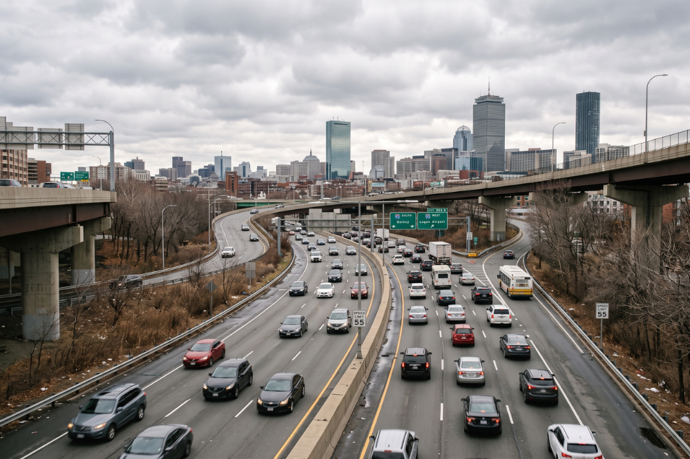 Busy multi-lane highway traffic flows beneath elevated ramps toward a city skyline under dark, cloudy skies, creating a gritty urban mood.