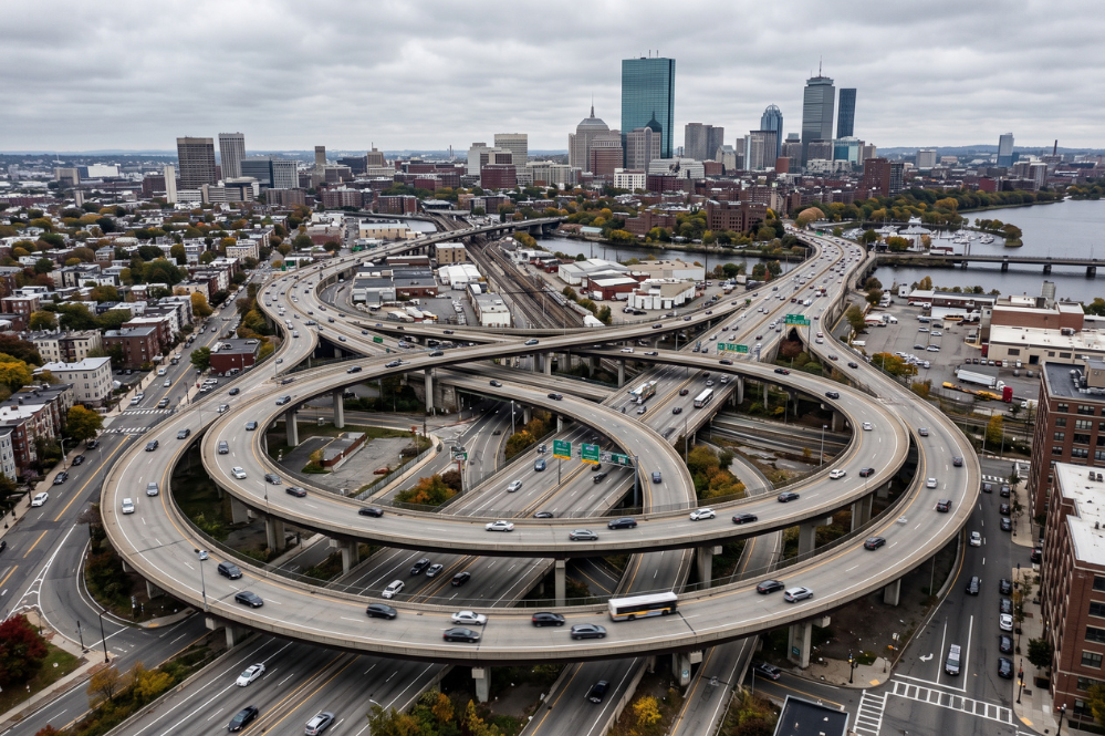 Aerial view of Boston’s stacked highway interchange, with looping ramps, traffic, rail lines, dense neighborhoods, and skyline under gray clouds.