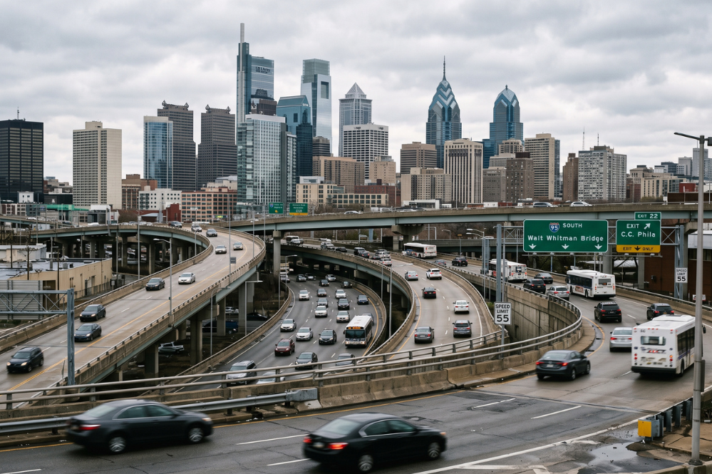 Overcast Philadelphia skyline rises behind multilane highway interchanges, with heavy traffic, elevated ramps, and signs for I-95 and Center City.