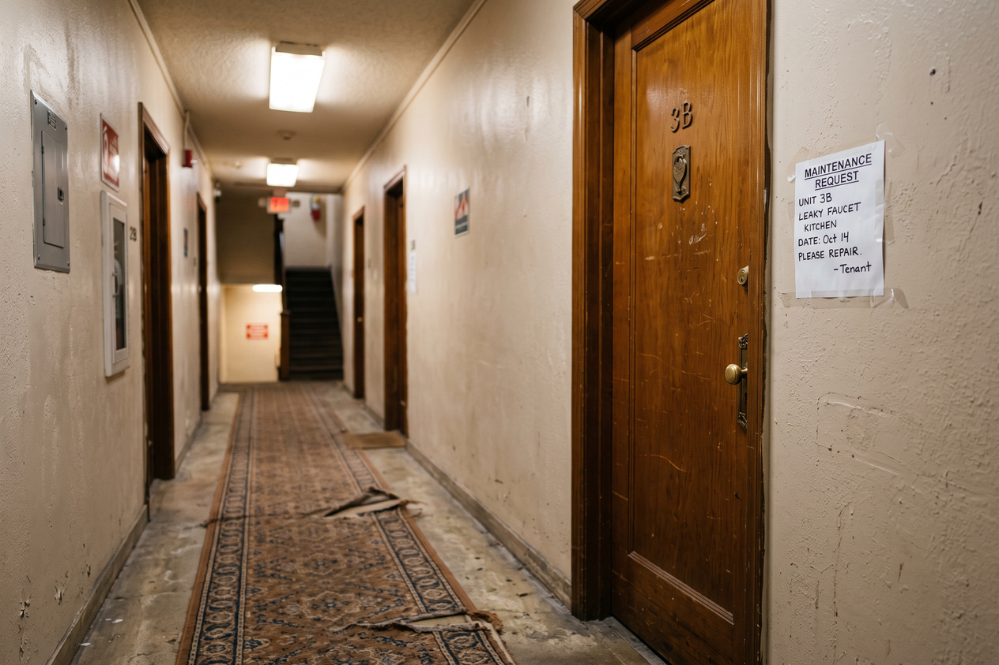 Dimly lit apartment hallway with a patterned runner, worn walls, numbered wooden door, maintenance request, and stairs at the far end.